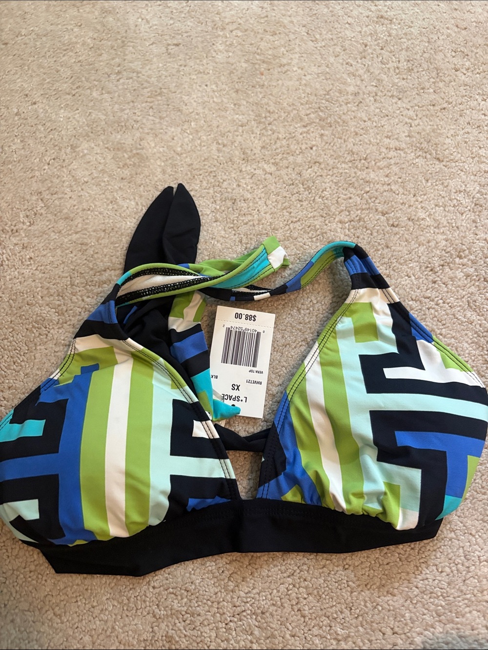 l*space Blue, Green and Black Striped Halter Bikini Top